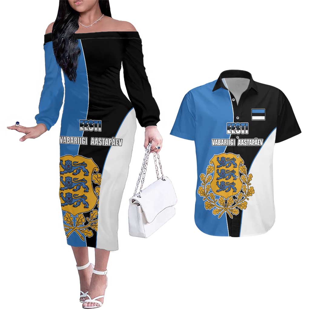 Estonia Independence day Couples Matching Off The Shoulder Long Sleeve Dress and Hawaiian Shirt Eesti Vabariigi Aastapaev