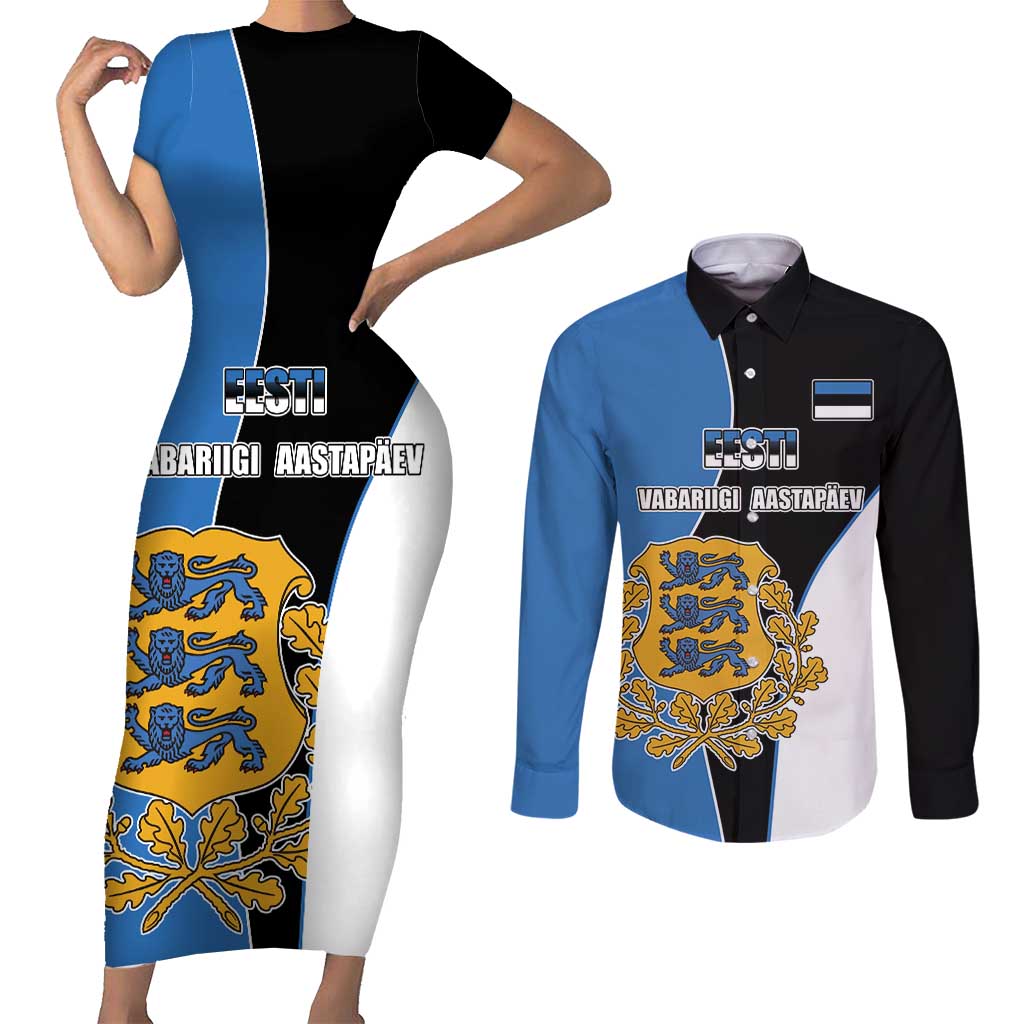 Estonia Independence day Couples Matching Short Sleeve Bodycon Dress and Long Sleeve Button Shirt Eesti Vabariigi Aastapaev