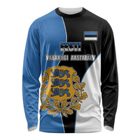 Unisex long sleeve shirt, blue/black/white diagonal panels, Estonia crest graphic