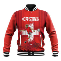Red baseball jacket with striped collar, front graphic and HOPP SCHWIIZ text