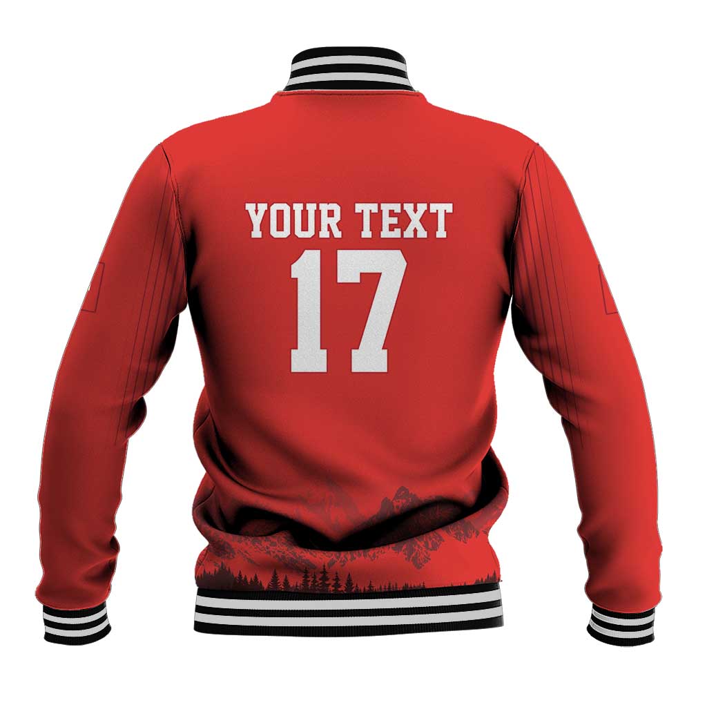 Red baseball jacket back with YOUR TEXT and number 17, striped ribbed cuffs