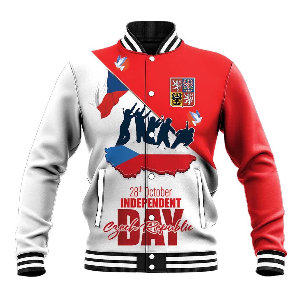 Red-and-white baseball jacket with striped rib collar, snap buttons, independence front graphic