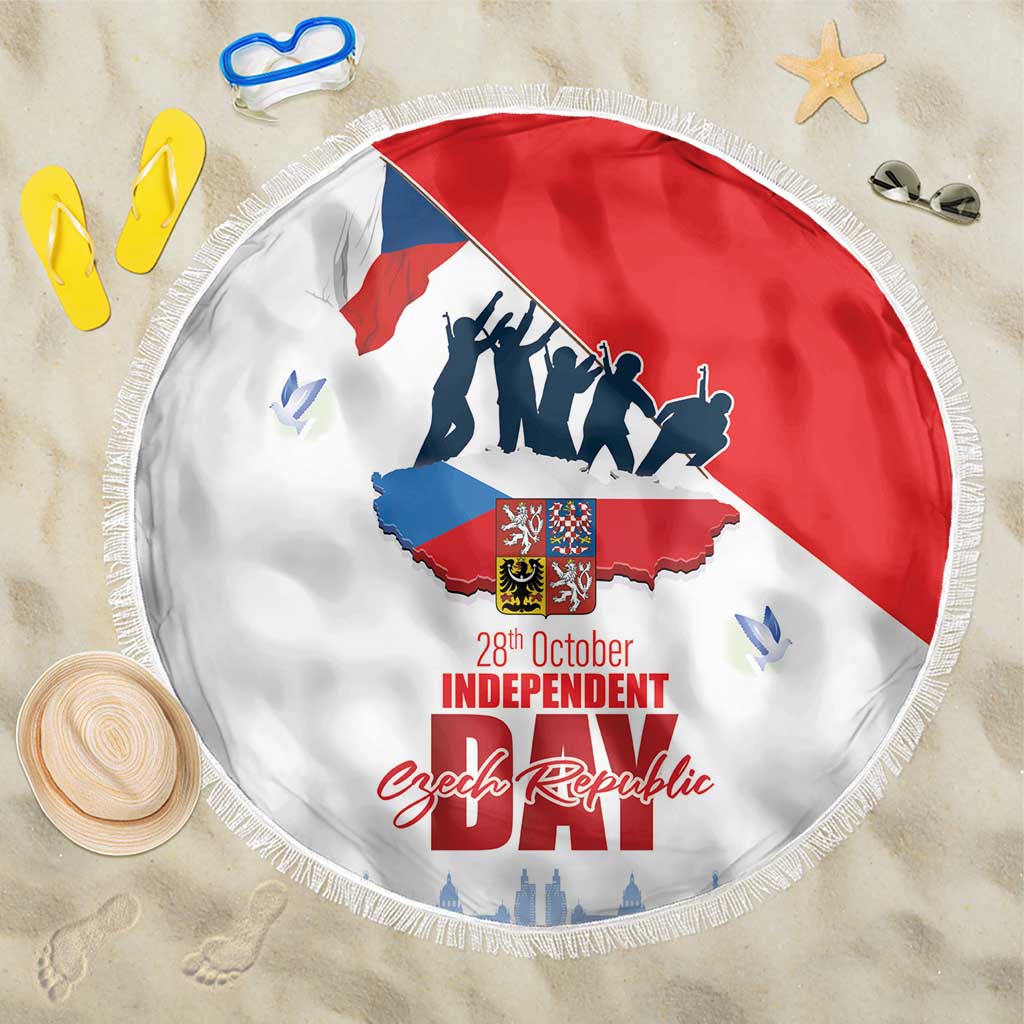 Round beach blanket with fringe, Czech Republic map graphic and '28th October INDEPENDENT'