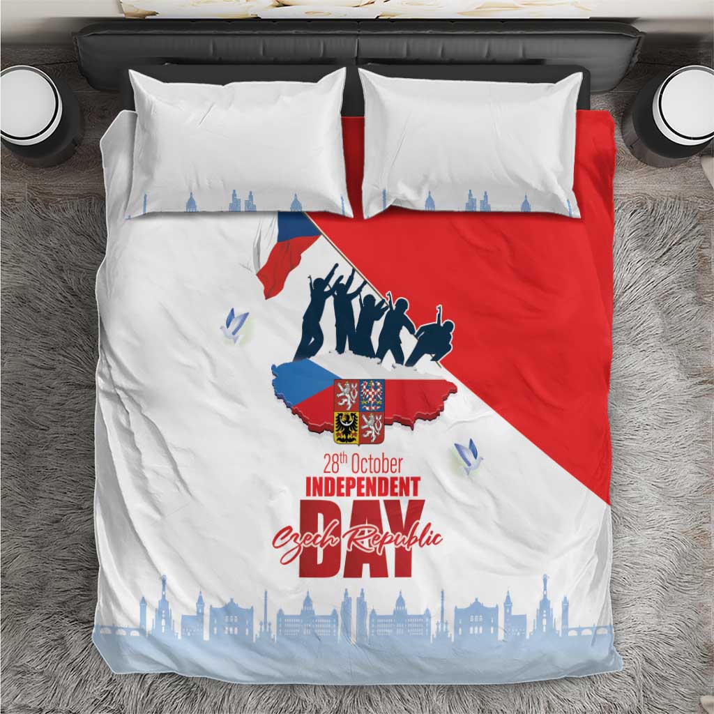 Bedding set with white duvet and two pillows featuring red, blue Czech independence graphic