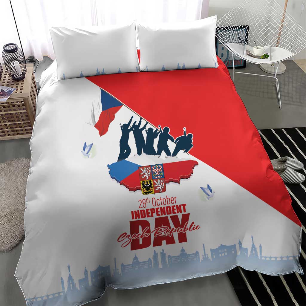 Duvet cover set with white base, diagonal red-blue Czech independence flag print, two pillows