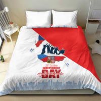 Bedding set with white duvet and two pillows, Czech independence flag and city skyline print