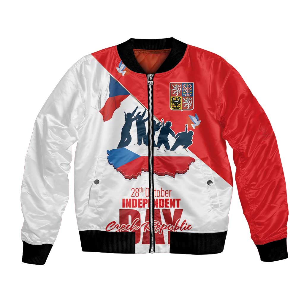 Unisex red-and-white zip bomber jacket with black rib trim and Czech crest patch