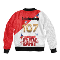 Unisex red-and-white bomber jacket with black rib trim, back print celebrating 107
