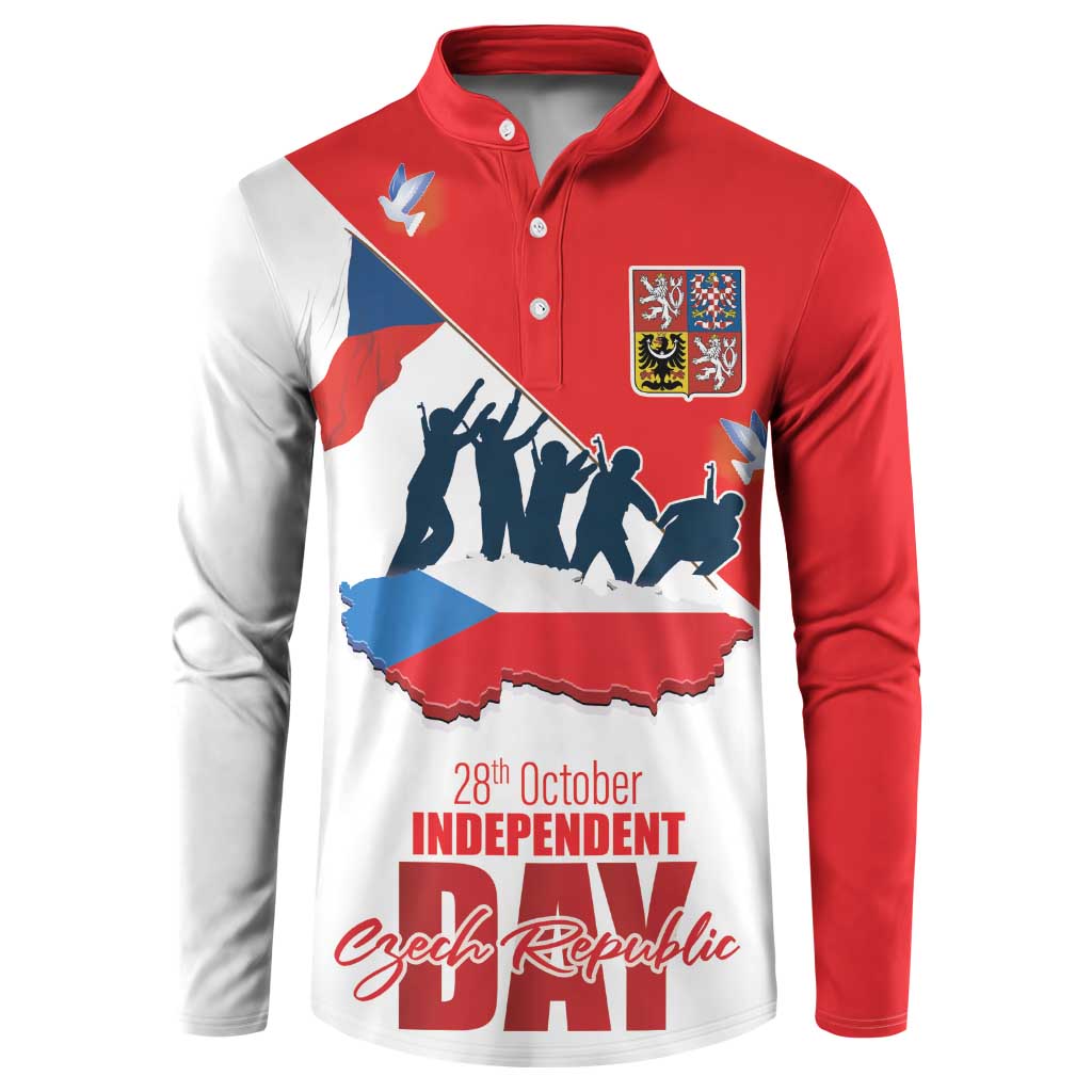 Red and white long-sleeve button sweatshirt with 28th October Independent Czech Republic graphic