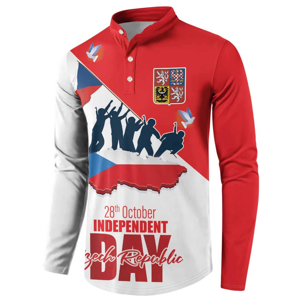 Red and white long-sleeve button sweatshirt with Czech Republic Independence Day print