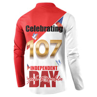 Red and white long-sleeve button sweatshirt, back 'Celebrating 107' and 'Independent'