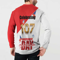 Red and white long-sleeve button sweatshirt, back 'Celebrating 107' Czech Republic print