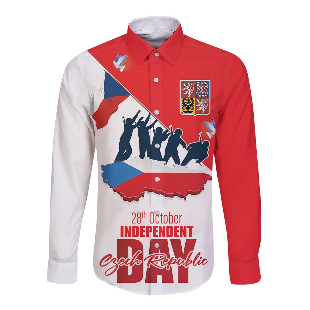 Long sleeve button shirt with red and white front graphic, crest, Czech map, Independence Day
