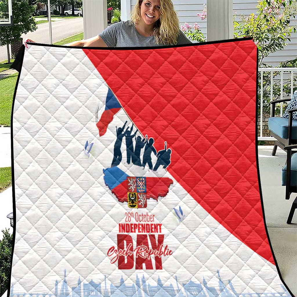 White quilt blanket with red diagonal flag design and independence day text graphic