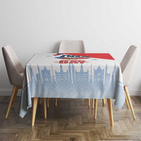 Square tablecloth with Czech-themed skyline print and red top accent panel