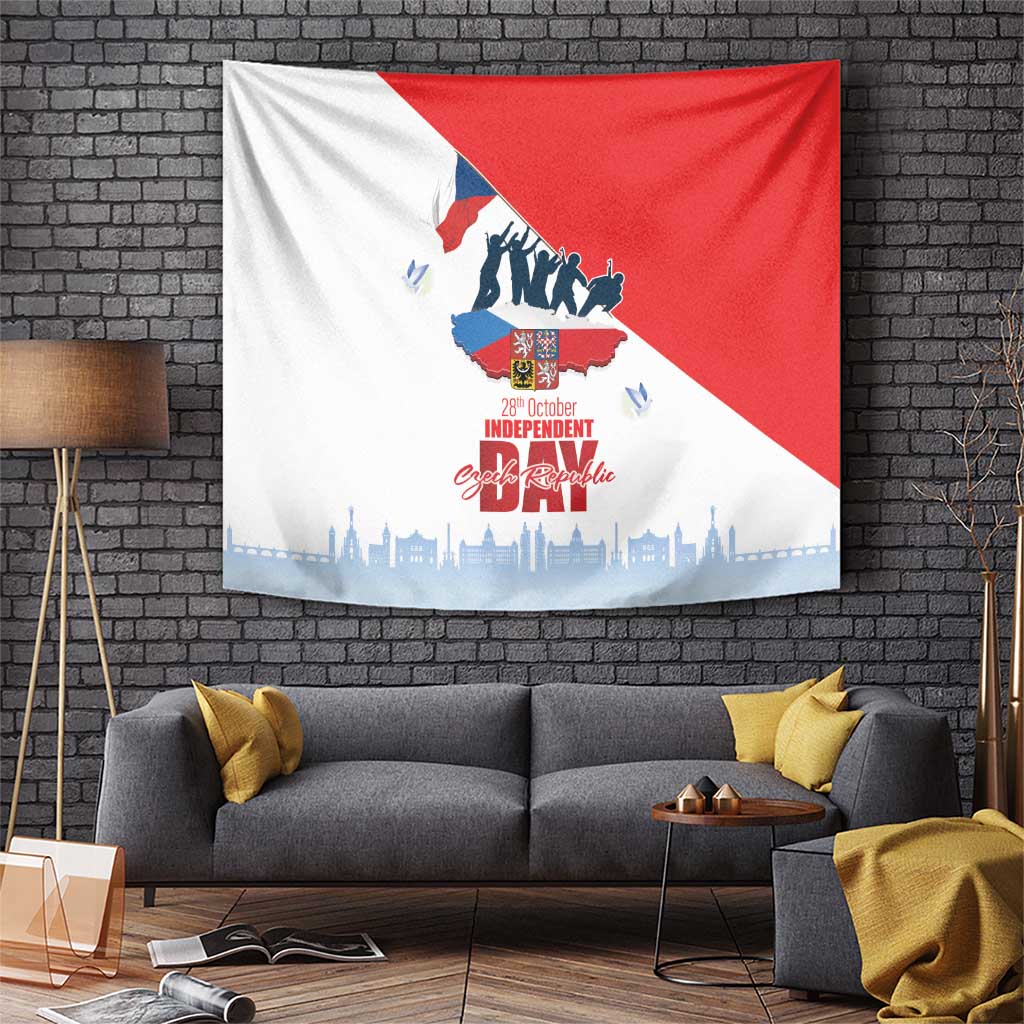 Red and white diagonal independence-day tapestry with skyline and heraldic coat-of-arms