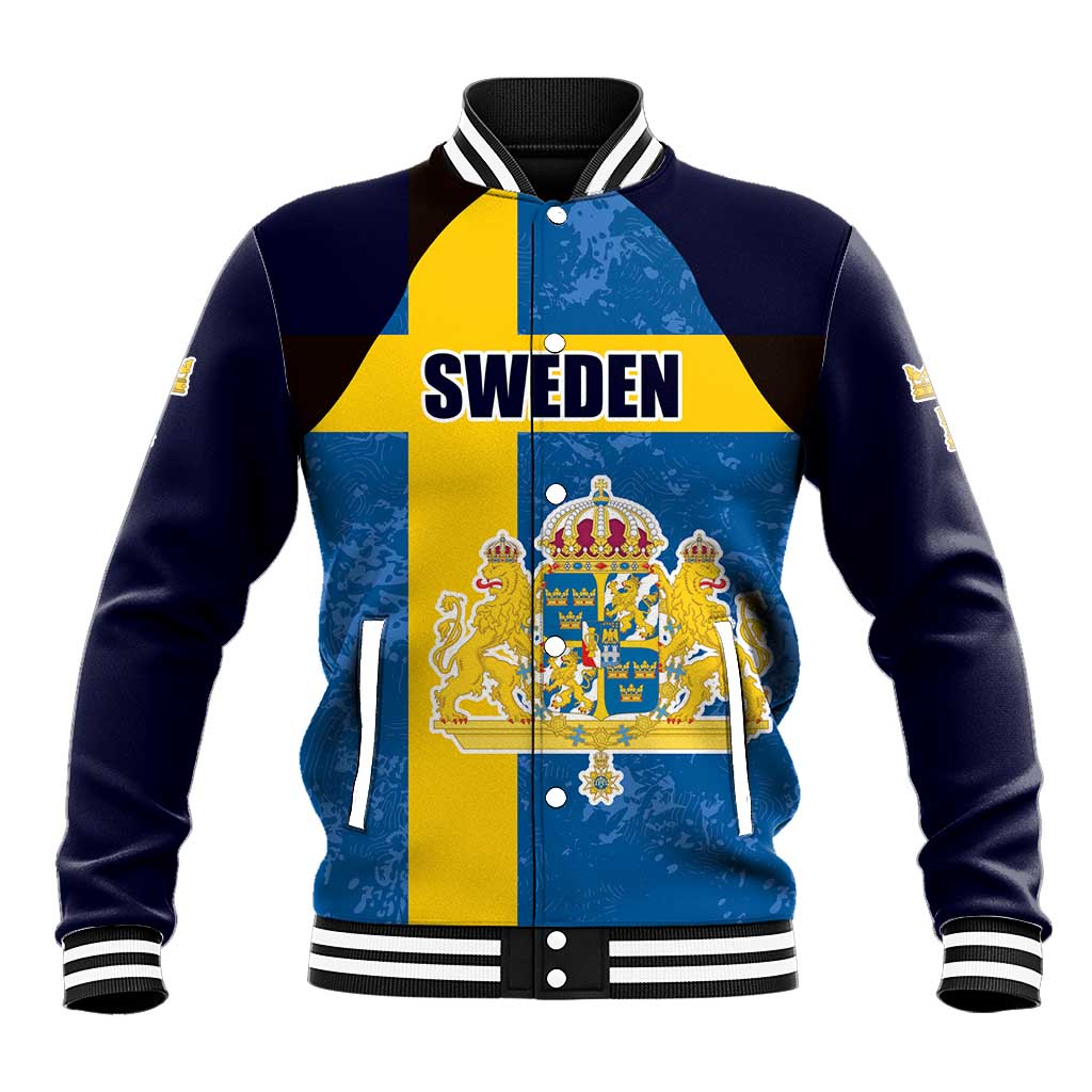 Custom Sweden Flag and Coat of arms Baseball Jacket Three Crowns of Sweden