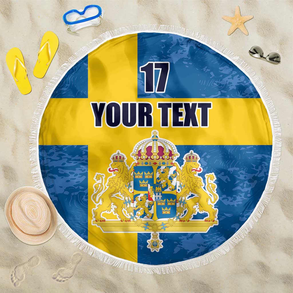 Custom Sweden Flag and Coat of arms Beach Blanket Three Crowns of Sweden