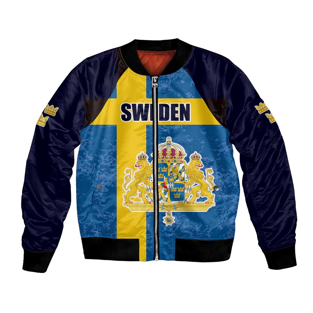 Custom Sweden Flag and Coat of arms Bomber Jacket Three Crowns of Sweden