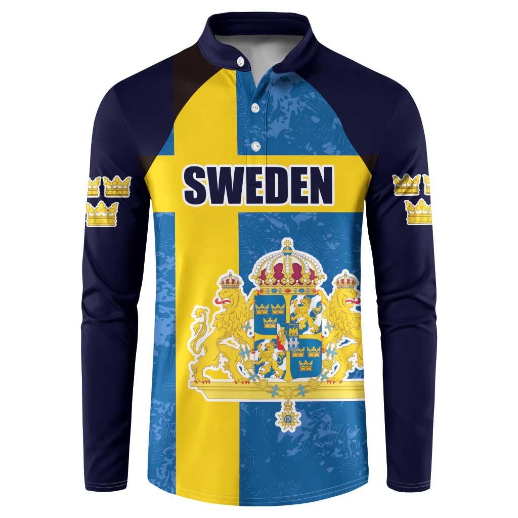 Custom Sweden Flag and Coat of arms Button Sweatshirt Three Crowns of Sweden