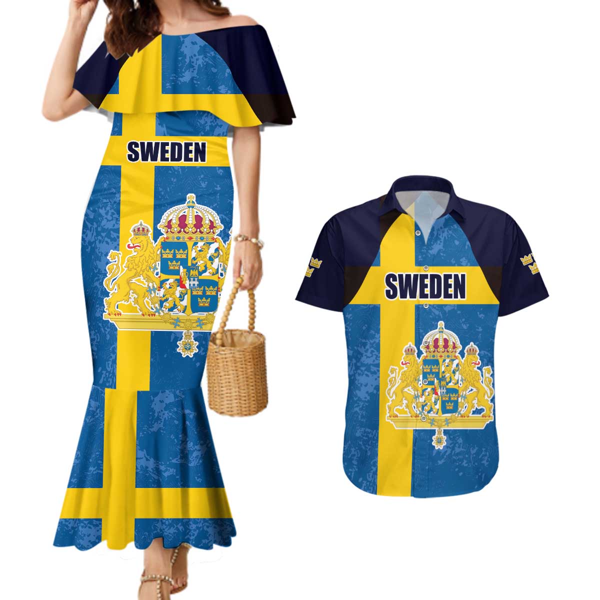 Custom Sweden Flag and Coat of arms Couples Matching Mermaid Dress and Hawaiian Shirt Three Crowns of Sweden