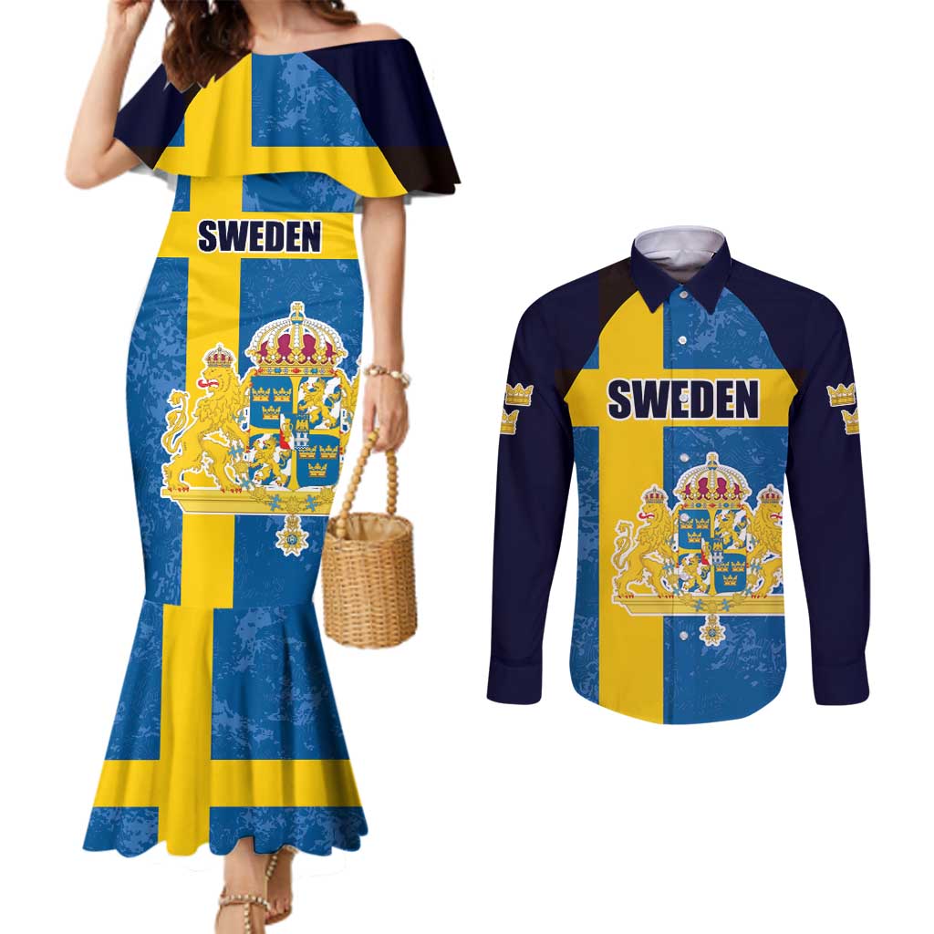 Custom Sweden Flag and Coat of arms Couples Matching Mermaid Dress and Long Sleeve Button Shirt Three Crowns of Sweden