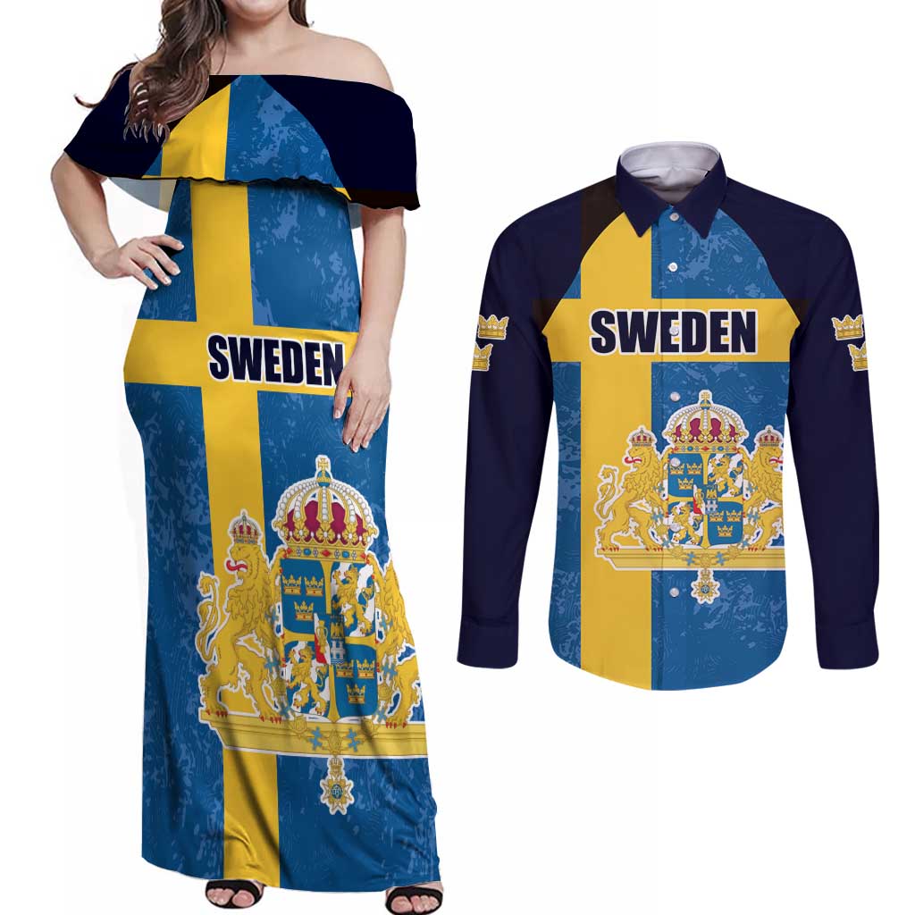 Custom Sweden Flag and Coat of arms Couples Matching Off Shoulder Maxi Dress and Long Sleeve Button Shirt Three Crowns of Sweden