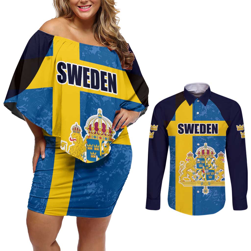 Custom Sweden Flag and Coat of arms Couples Matching Off Shoulder Short Dress and Long Sleeve Button Shirt Three Crowns of Sweden