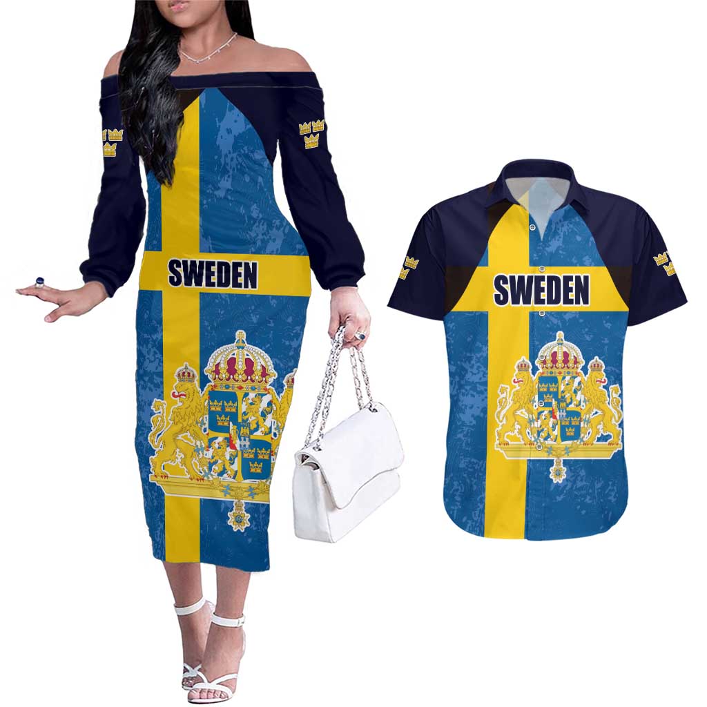 Custom Sweden Flag and Coat of arms Couples Matching Off The Shoulder Long Sleeve Dress and Hawaiian Shirt Three Crowns of Sweden