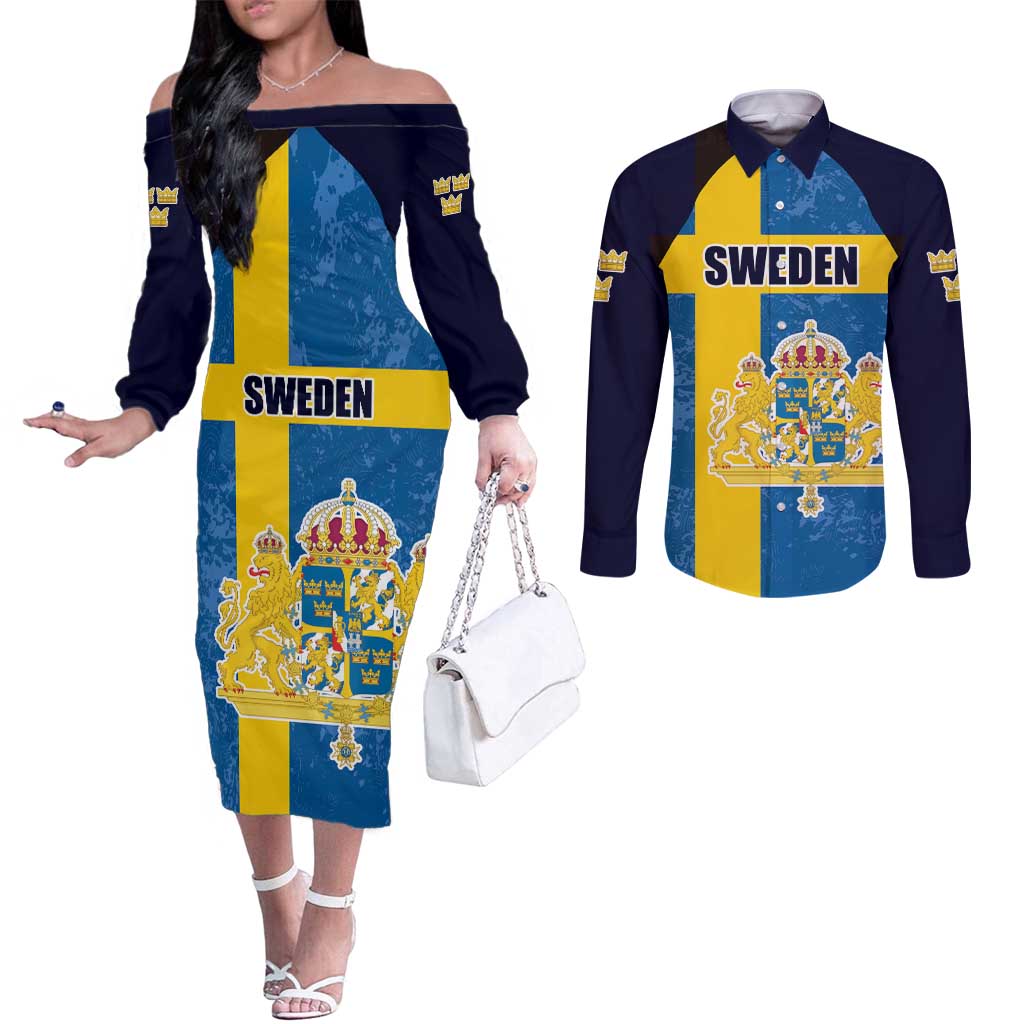 Custom Sweden Flag and Coat of arms Couples Matching Off The Shoulder Long Sleeve Dress and Long Sleeve Button Shirt Three Crowns of Sweden