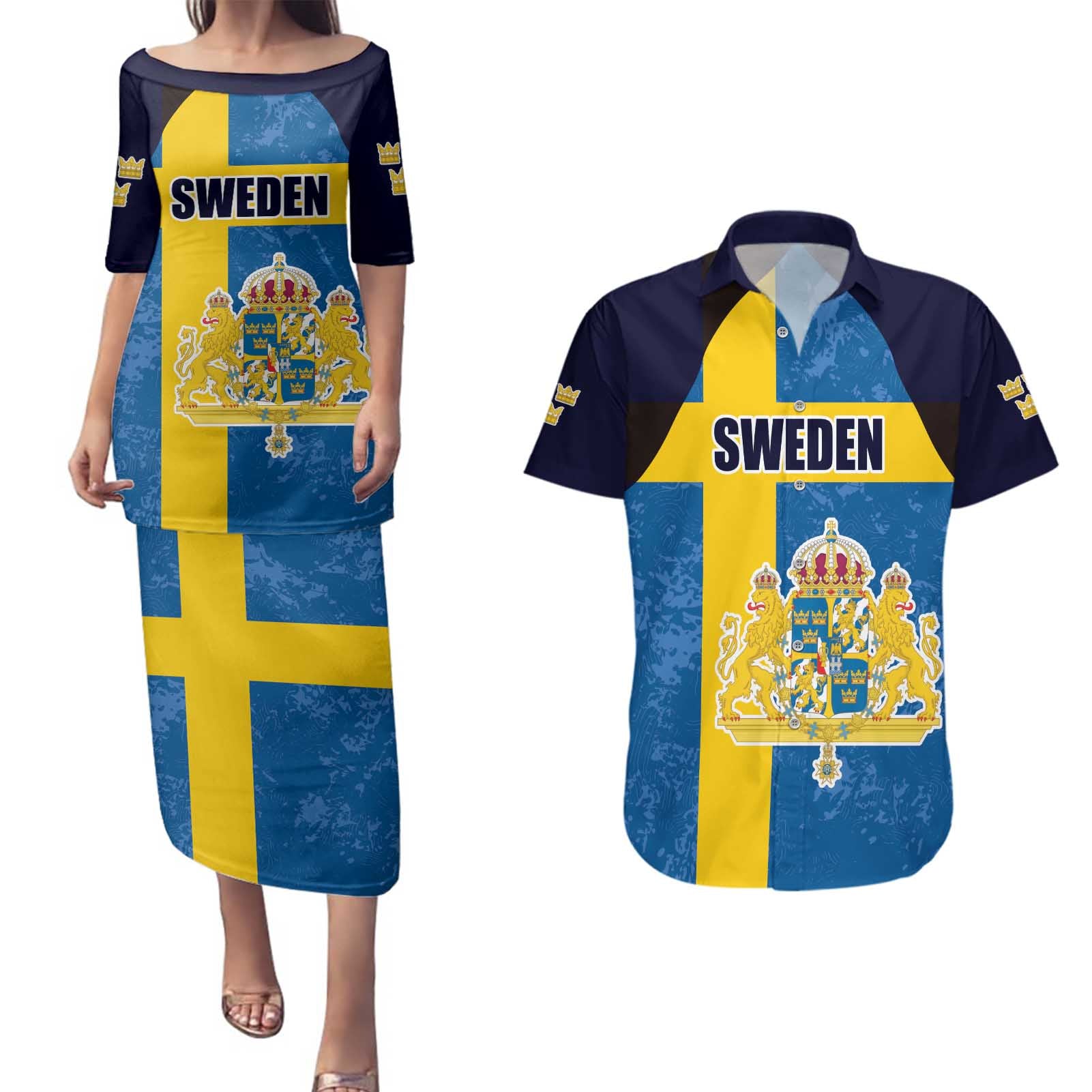 Custom Sweden Flag and Coat of arms Couples Matching Puletasi and Hawaiian Shirt Three Crowns of Sweden