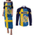 Custom Sweden Flag and Coat of arms Couples Matching Puletasi and Long Sleeve Button Shirt Three Crowns of Sweden