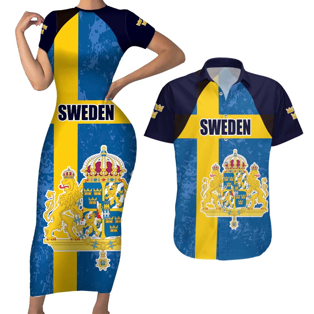 Custom Sweden Flag and Coat of arms Couples Matching Short Sleeve Bodycon Dress and Hawaiian Shirt Three Crowns of Sweden