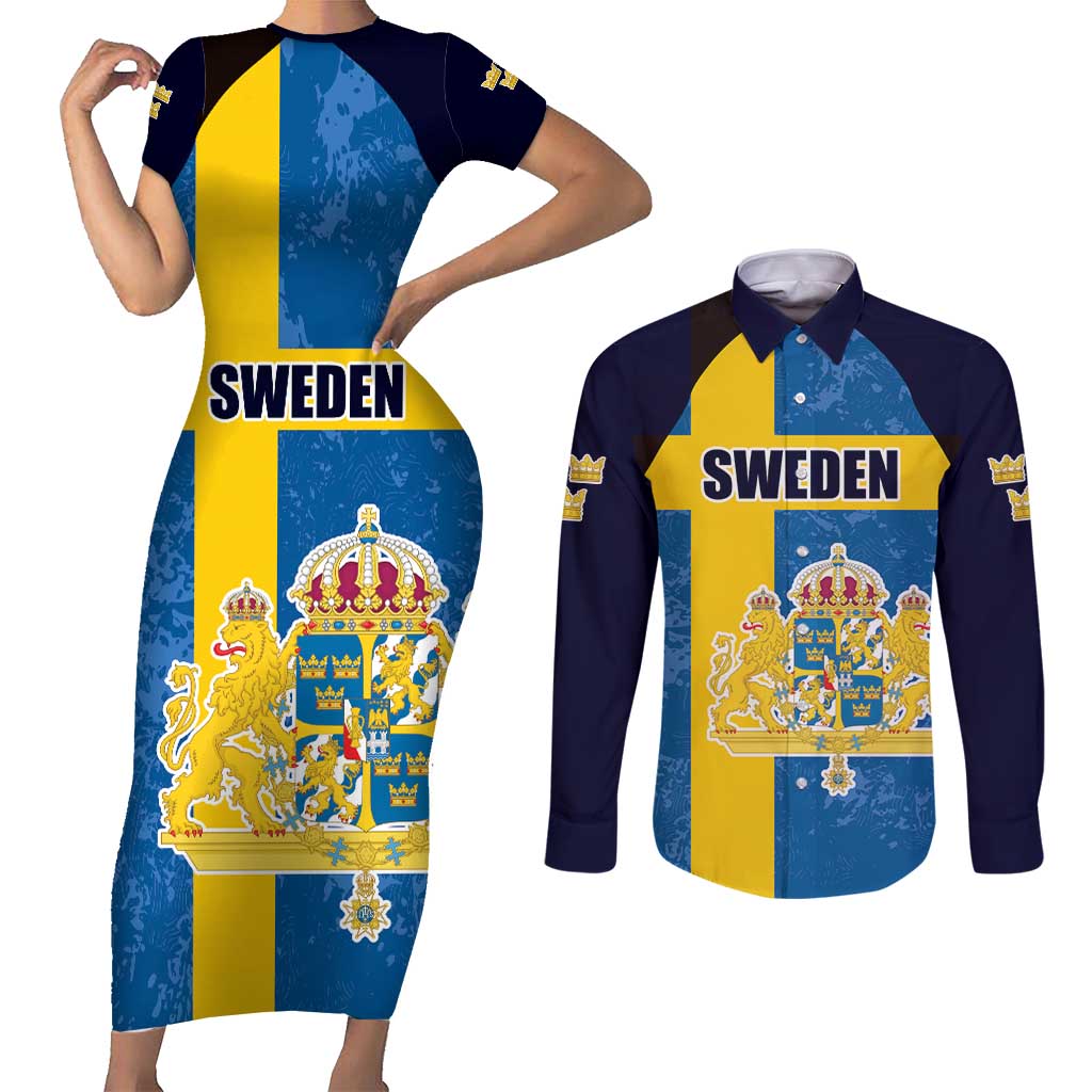 Custom Sweden Flag and Coat of arms Couples Matching Short Sleeve Bodycon Dress and Long Sleeve Button Shirt Three Crowns of Sweden