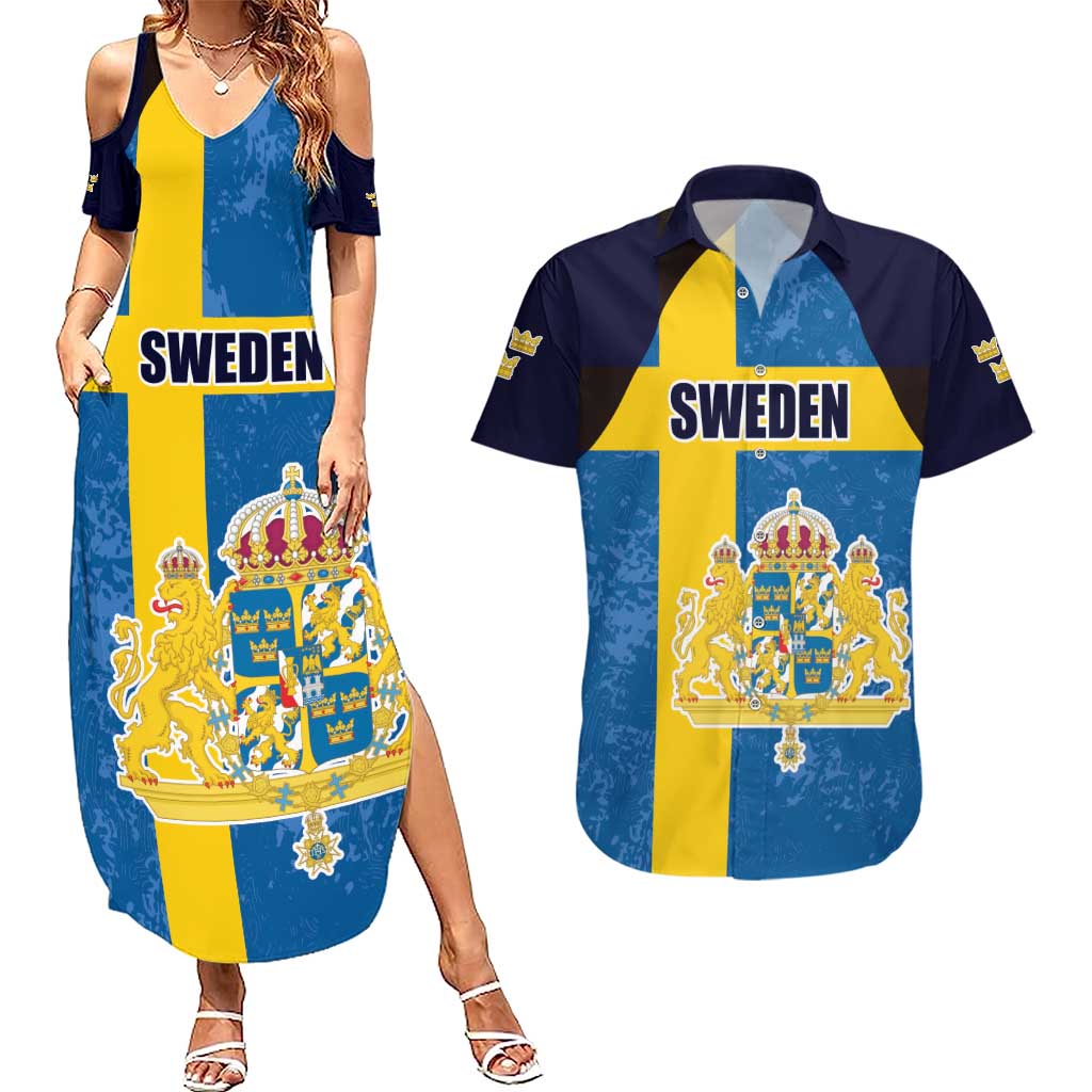 Custom Sweden Flag and Coat of arms Couples Matching Summer Maxi Dress and Hawaiian Shirt Three Crowns of Sweden