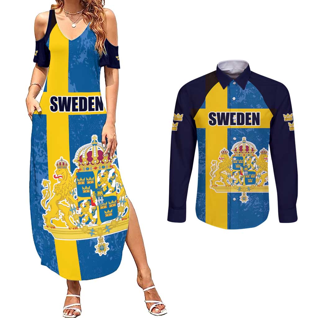 Custom Sweden Flag and Coat of arms Couples Matching Summer Maxi Dress and Long Sleeve Button Shirt Three Crowns of Sweden