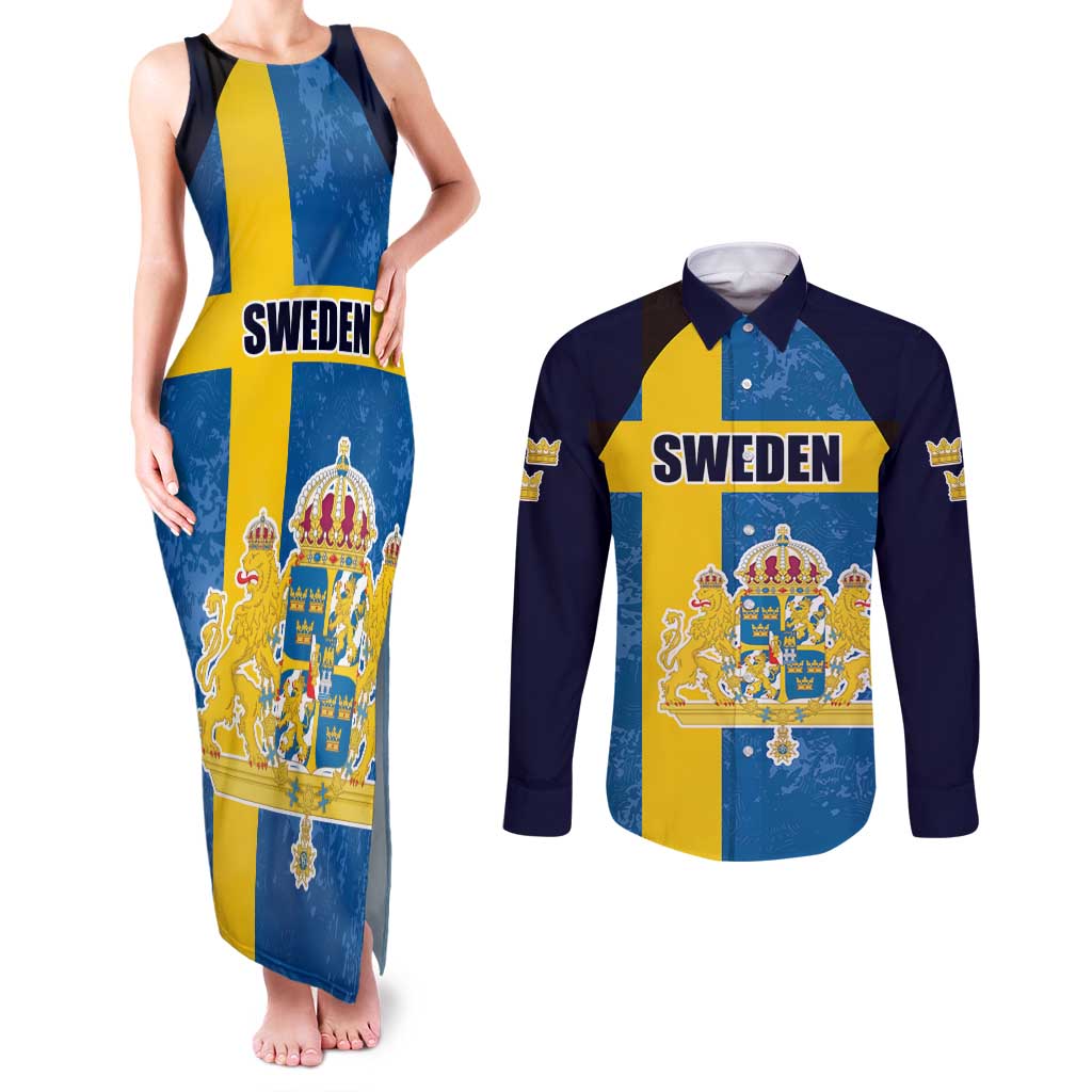 Custom Sweden Flag and Coat of arms Couples Matching Tank Maxi Dress and Long Sleeve Button Shirt Three Crowns of Sweden