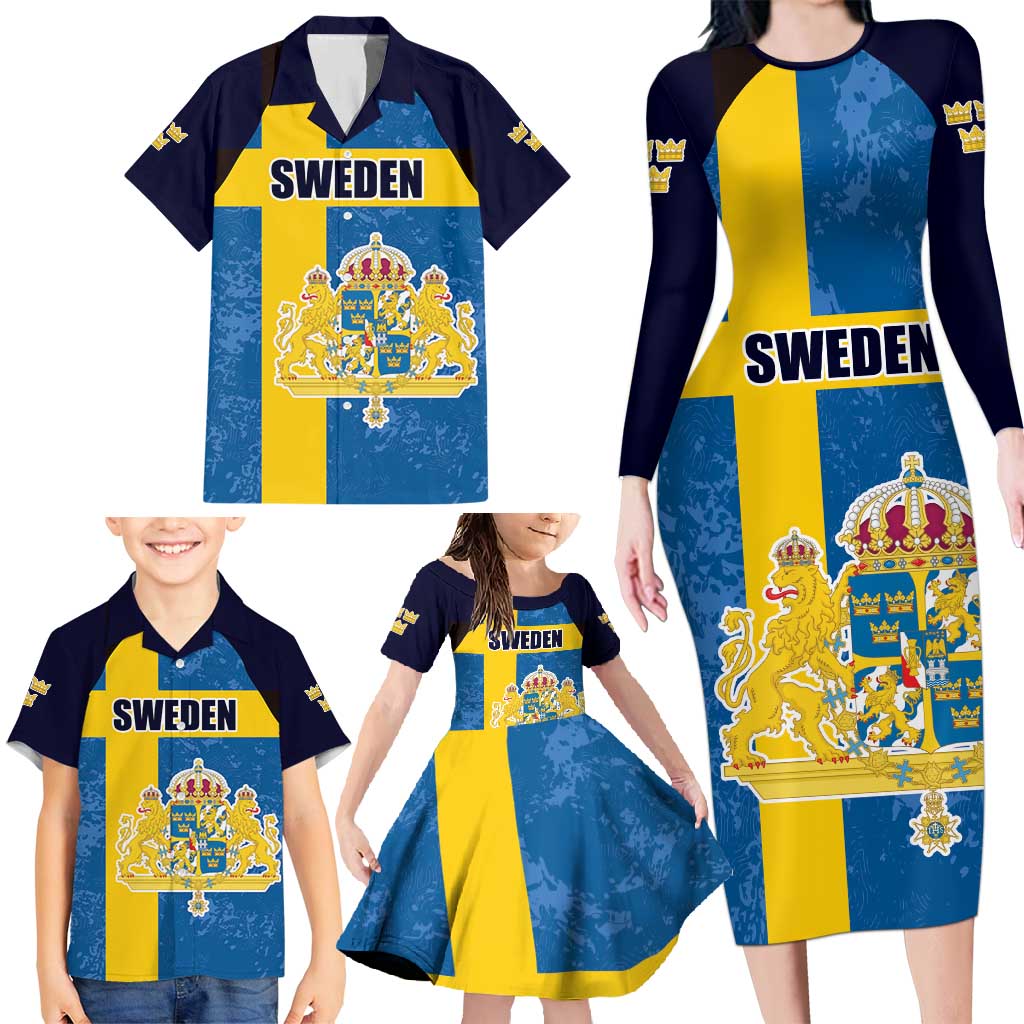 Custom Sweden Flag and Coat of arms Family Matching Long Sleeve Bodycon Dress and Hawaiian Shirt Three Crowns of Sweden