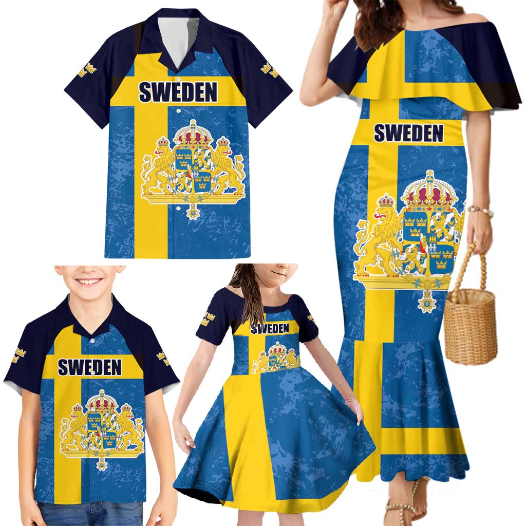 Custom Sweden Flag and Coat of arms Family Matching Mermaid Dress and Hawaiian Shirt Three Crowns of Sweden