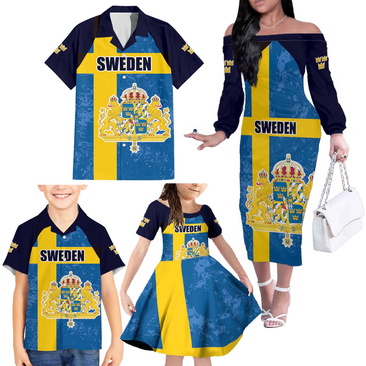 Custom Sweden Flag and Coat of arms Family Matching Off The Shoulder Long Sleeve Dress and Hawaiian Shirt Three Crowns of Sweden