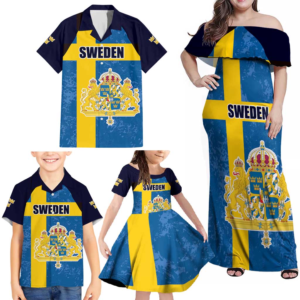 Custom Sweden Flag and Coat of arms Family Matching Off Shoulder Maxi Dress and Hawaiian Shirt Three Crowns of Sweden