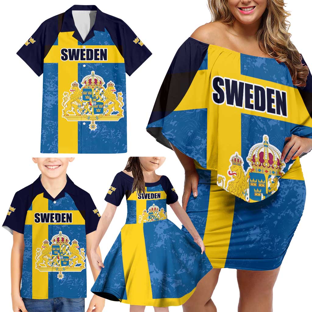 Custom Sweden Flag and Coat of arms Family Matching Off Shoulder Short Dress and Hawaiian Shirt Three Crowns of Sweden