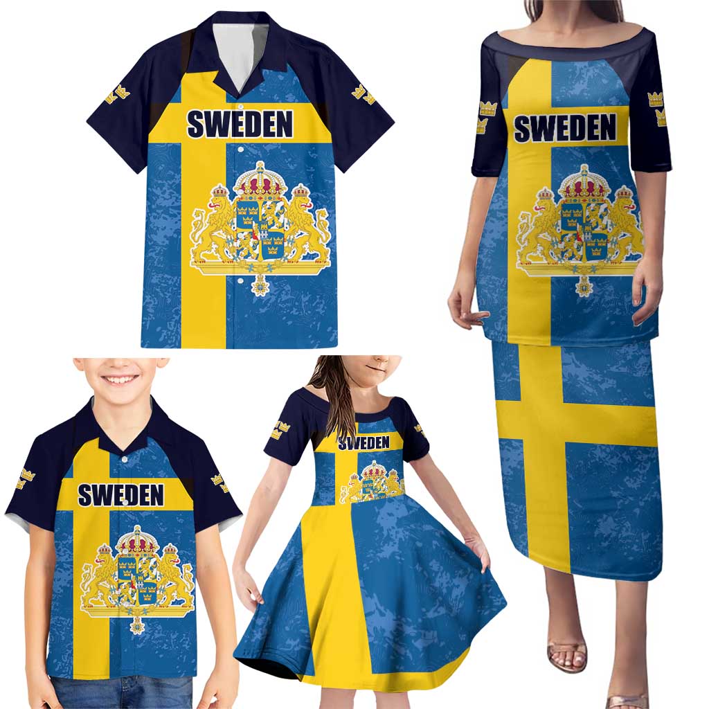 Custom Sweden Flag and Coat of arms Family Matching Puletasi and Hawaiian Shirt Three Crowns of Sweden