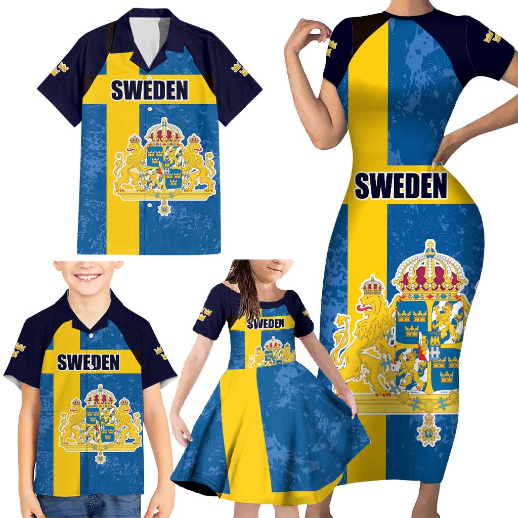 Custom Sweden Flag and Coat of arms Family Matching Short Sleeve Bodycon Dress and Hawaiian Shirt Three Crowns of Sweden