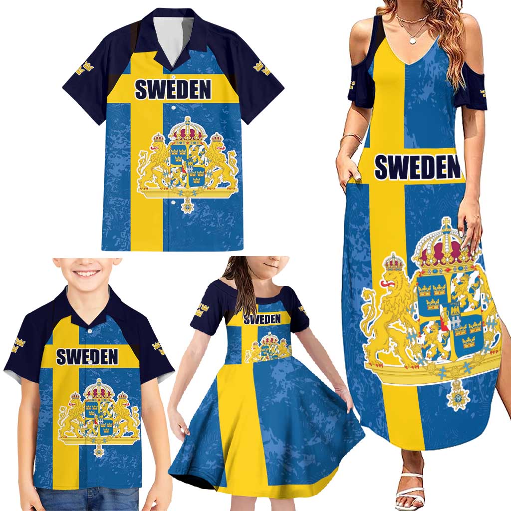 Custom Sweden Flag and Coat of arms Family Matching Summer Maxi Dress and Hawaiian Shirt Three Crowns of Sweden