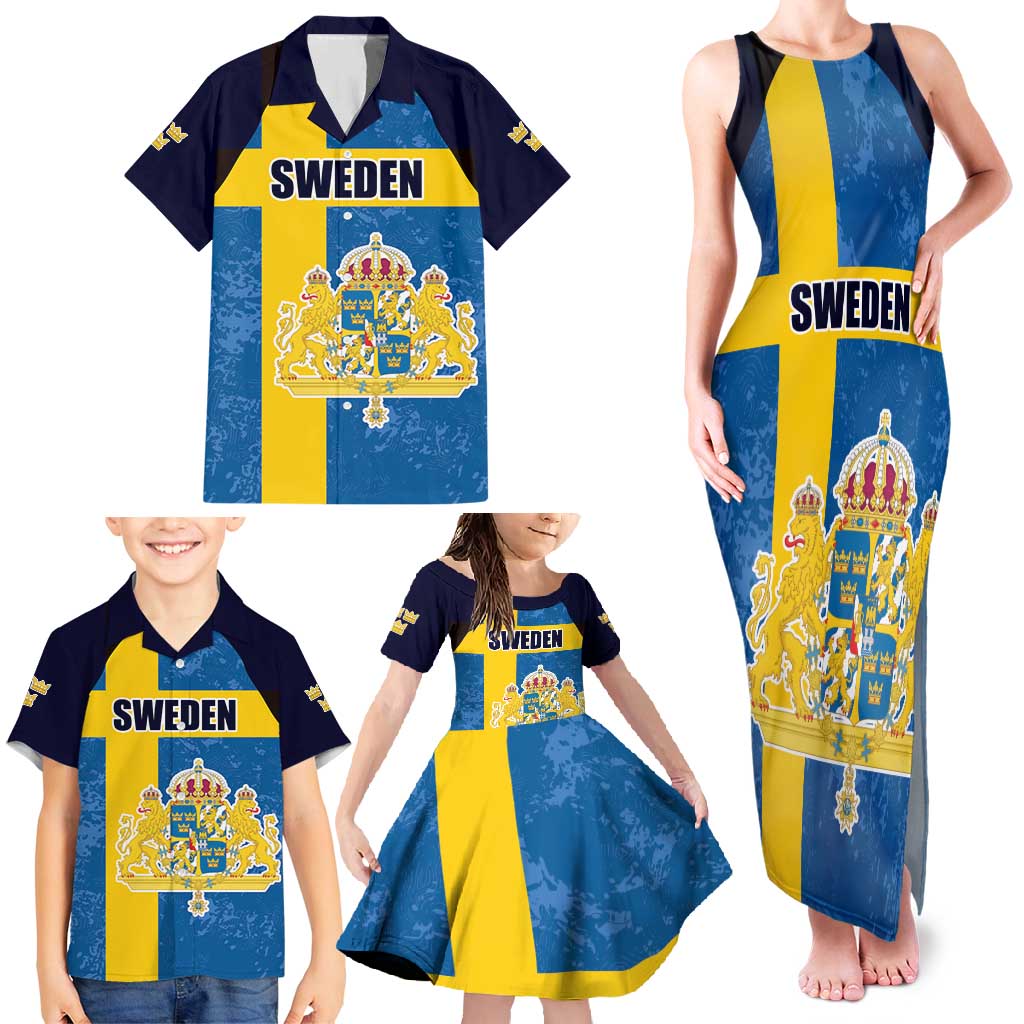 Custom Sweden Flag and Coat of arms Family Matching Tank Maxi Dress and Hawaiian Shirt Three Crowns of Sweden