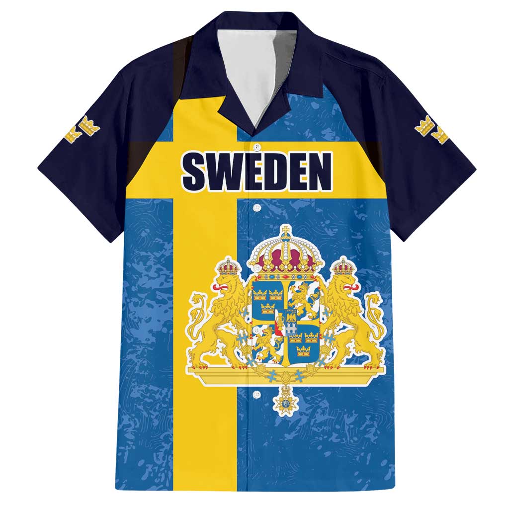 Custom Sweden Flag and Coat of arms Hawaiian Shirt Three Crowns of Sweden