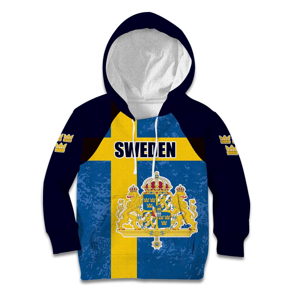 Custom Sweden Flag and Coat of arms Kid Hoodie Three Crowns of Sweden