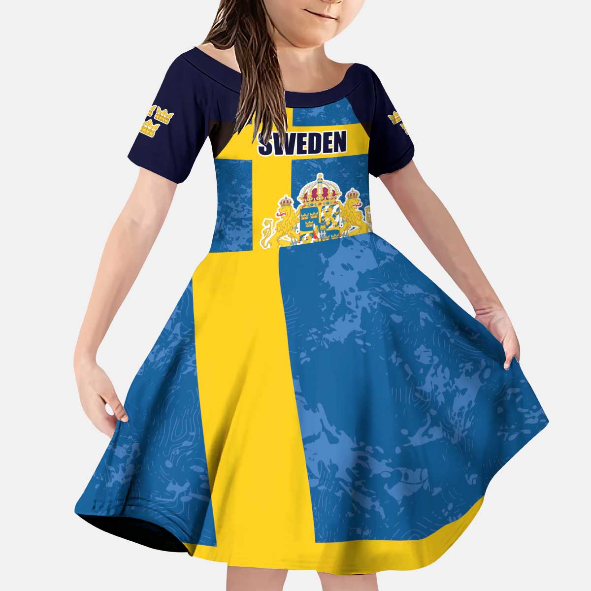 Custom Sweden Flag and Coat of arms Kid Short Sleeve Dress Three Crowns of Sweden