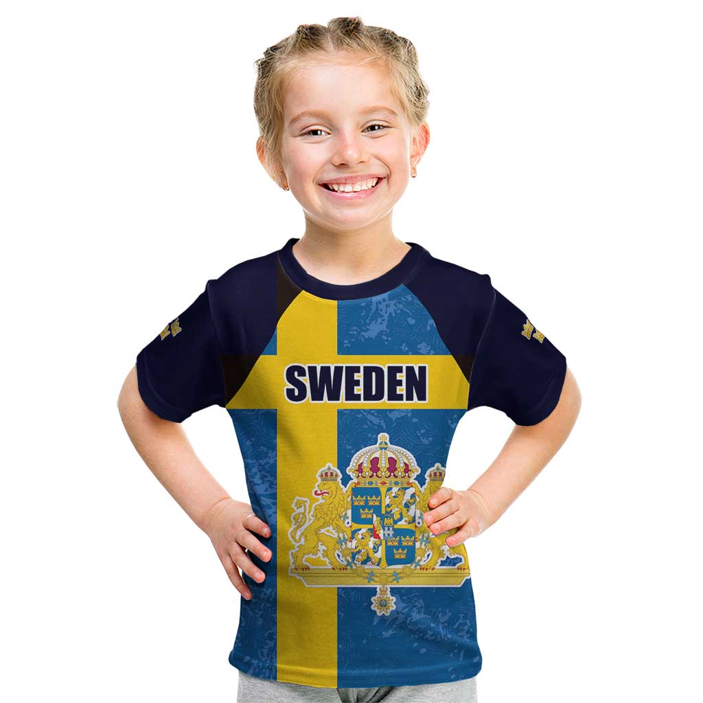 Custom Sweden Flag and Coat of arms Kid T Shirt Three Crowns of Sweden